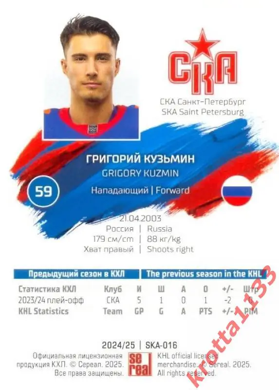 Григорий Кузьмин СКА Санкт-Петербург SeReal Карточки КХЛ 2024-2025 1