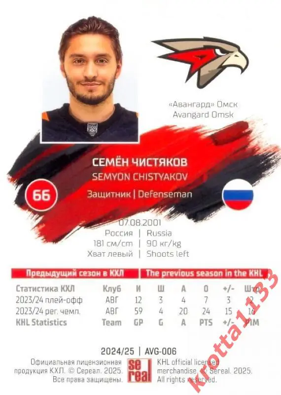 Семён Чистяков Авангард Омск SeReal Карточки КХЛ 2024-2025 1