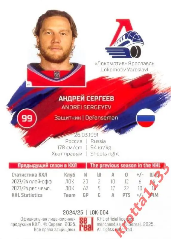 Андрей Сергеев Локомотив Ярославль SeReal Карточки КХЛ 2024-2025 1