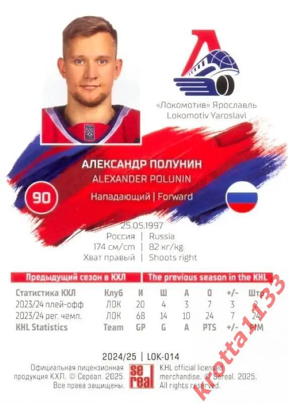 Александр Полунин Локомотив Ярославль SeReal Карточки КХЛ 2024-2025 1