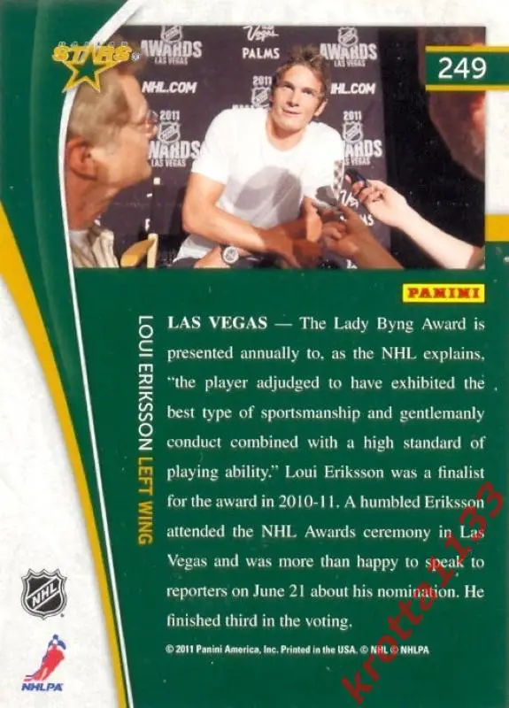 Loui Eriksson Dallas Stars PANINI Pinnacle 2011-2012 1