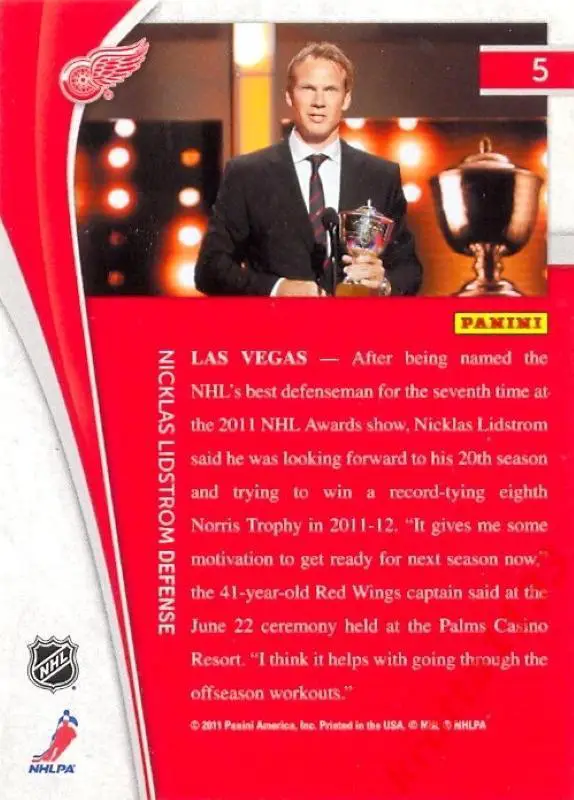 Nicklas Lidstrom Detroit Red Wings PANINI Pinnacle 2011-2012 1