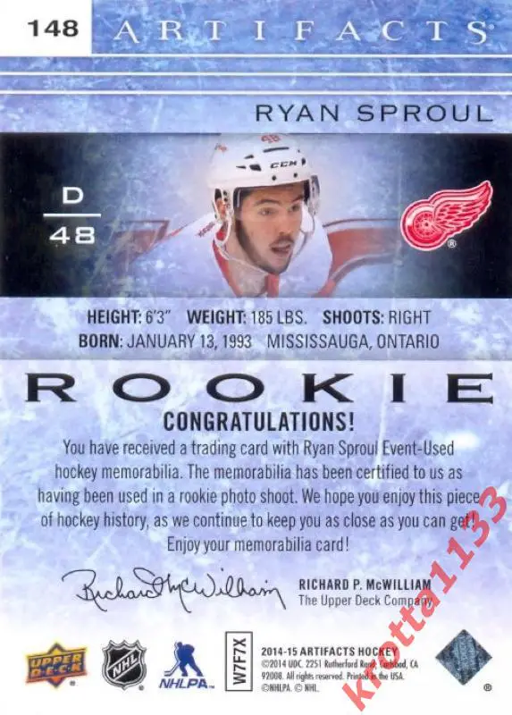 Ryan Sproul Detroit Red Wings Upper Deck Artifacts 2014-2015 1