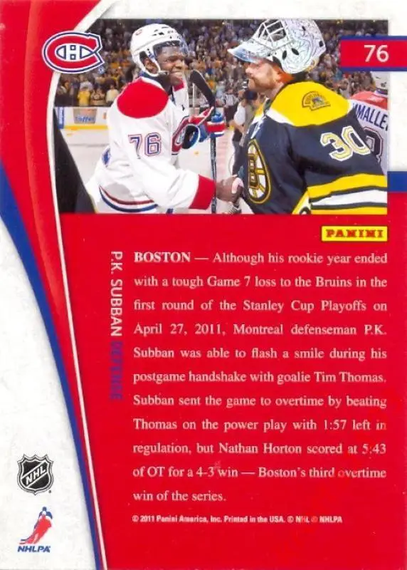 P.K. Subban Montreal Canadiens PANINI Pinnacle 2011-2012 1