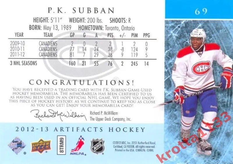 P.K. Subban Montreal Canadiens Upper Deck Artifacts 2012-2013 1