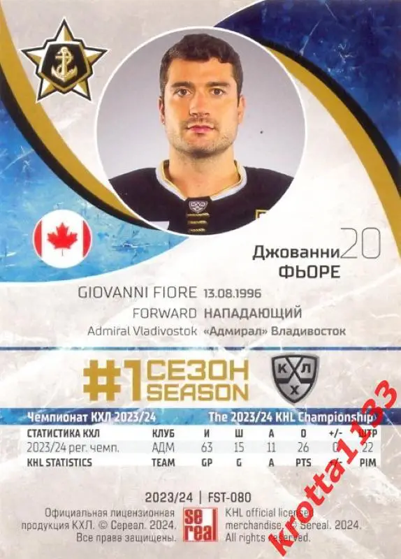 Джованни Фьоре Адмирал Владивосток SeReal Карточки КХЛ 2023-2024 Premium 1