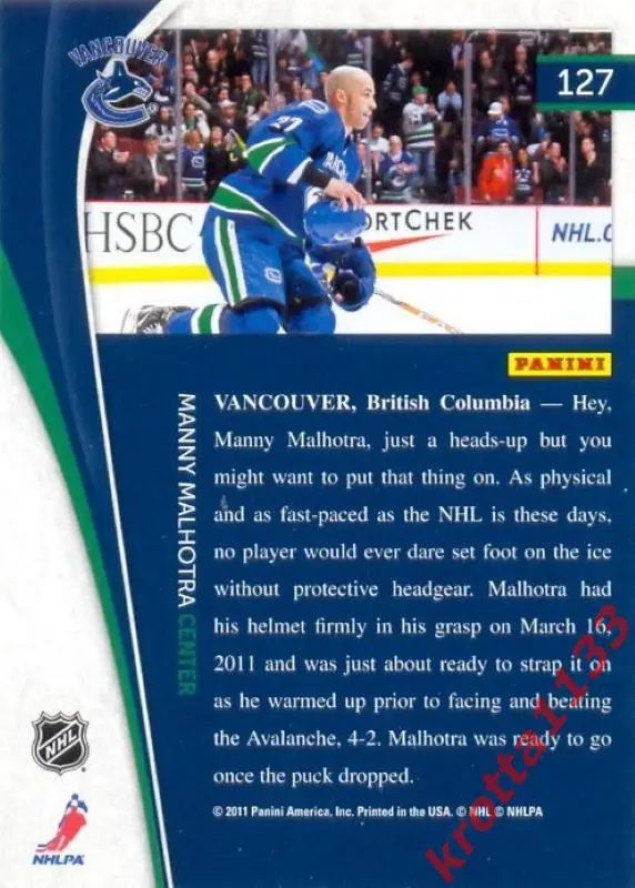 Manny Malhotra Vancouver Canucks PANINI Pinnacle 2011-2012 1