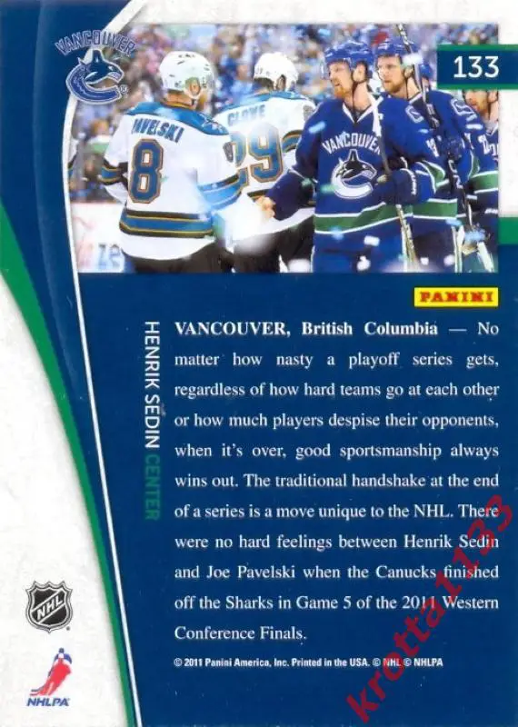 Henrik Sedin Vancouver Canucks PANINI Pinnacle 2011-2012 1