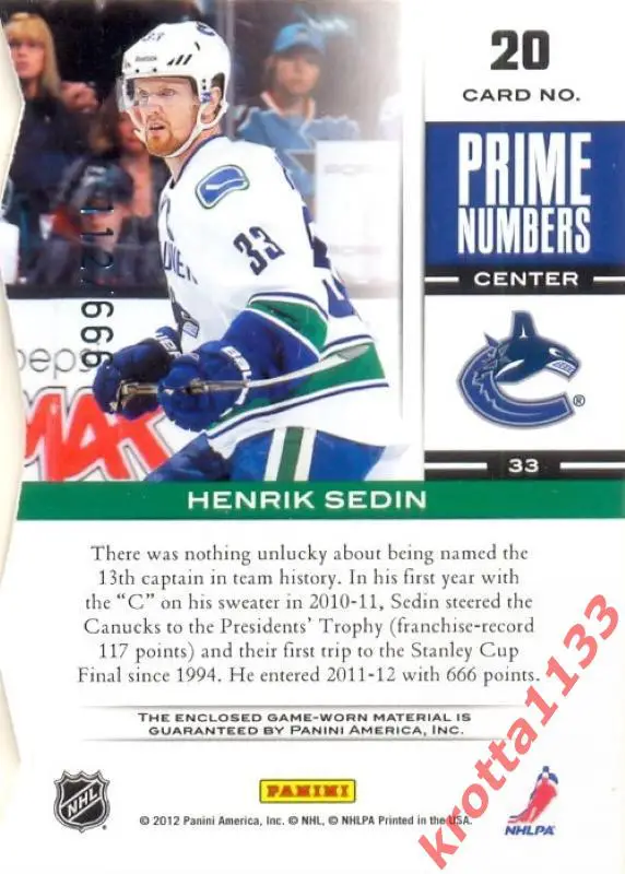 Henrik Sedin Vancouver Canucks PANINI Elite 2011-2012 1