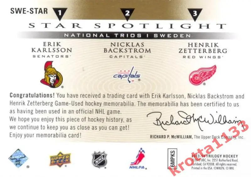 Nicklas Backstrom / Erik Karlsson / Zetterberg Upper Deck Trilogy Hockey 2013-14 1