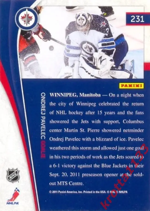 Ondrej Pavelec Winnipeg Jets PANINI Pinnacle 2011-2012 1