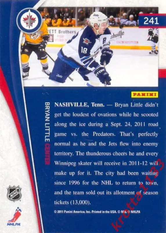 Bryan Little Winnipeg Jets PANINI Pinnacle 2011-2012 1