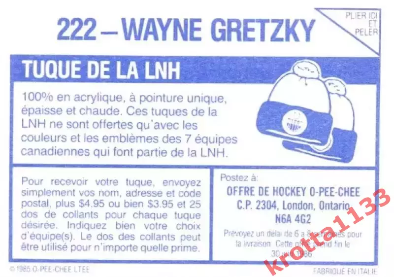 Wayne Gretzky Edmonton Oilers O-Pee-Chee NHL 1985-1986 1