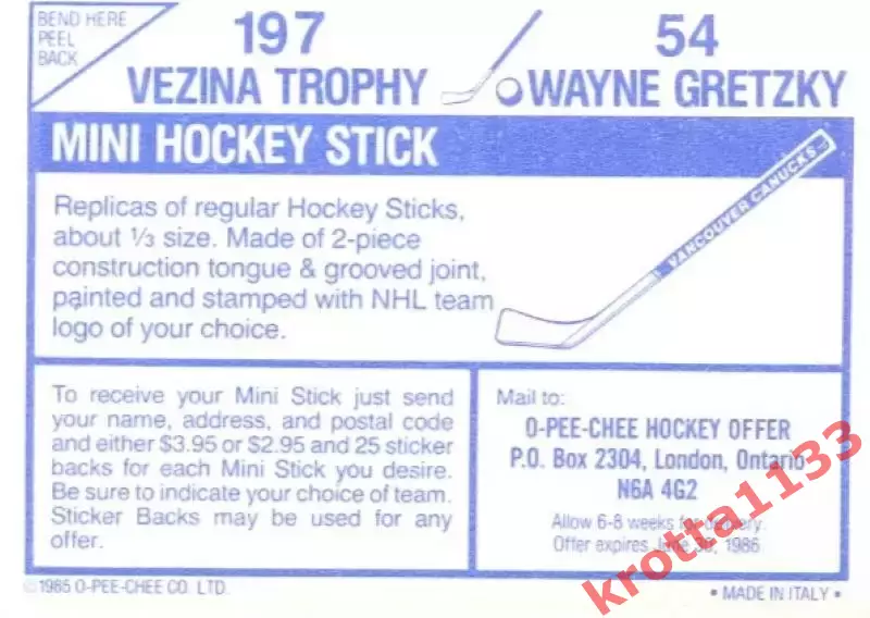 Wayne Gretzky Edmonton Oilers O-Pee-Chee NHL 1985-1986 1