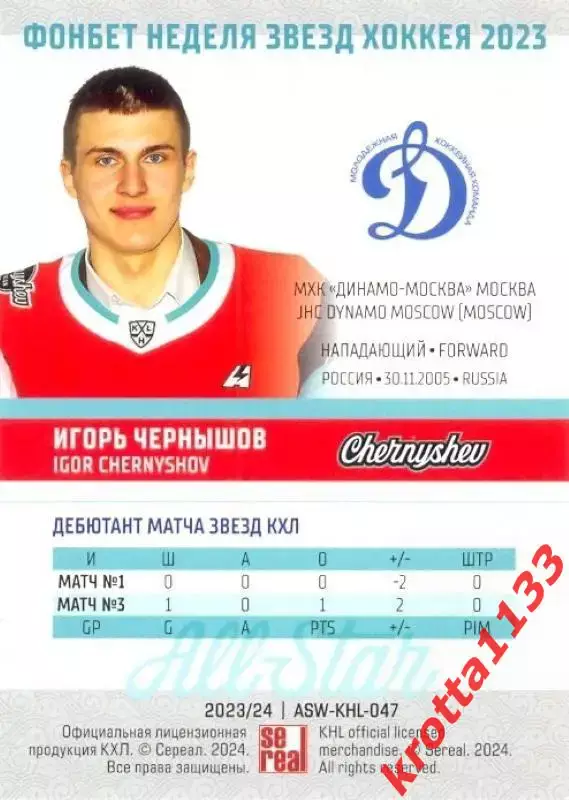 Игорь Чернышов МХК Динамо Москва SeReal Карточки КХЛ 2023-2024 Premium 1