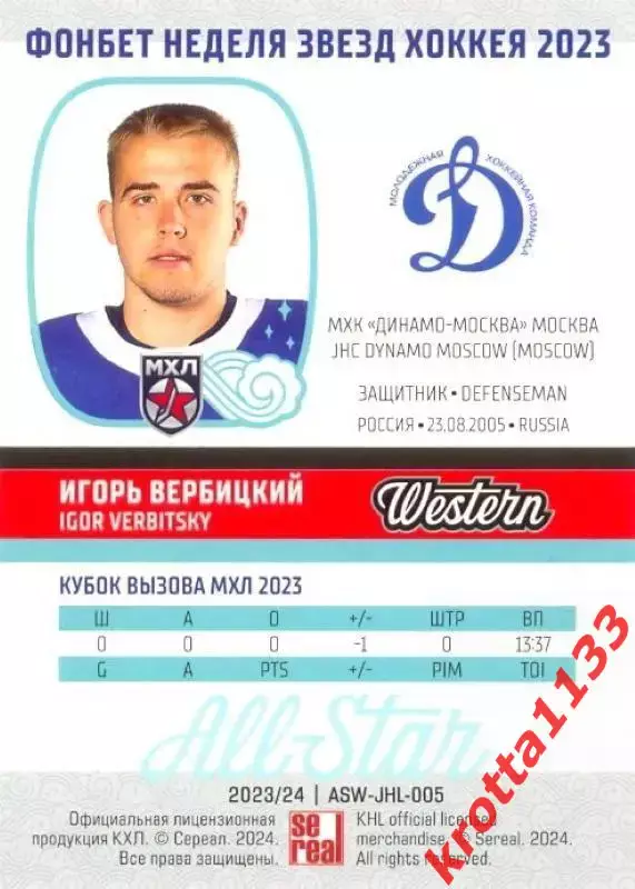 Игорь Вербицкий МХК Динамо-Москва Москва SeReal Карточки КХЛ 2023-2024 Premium 1