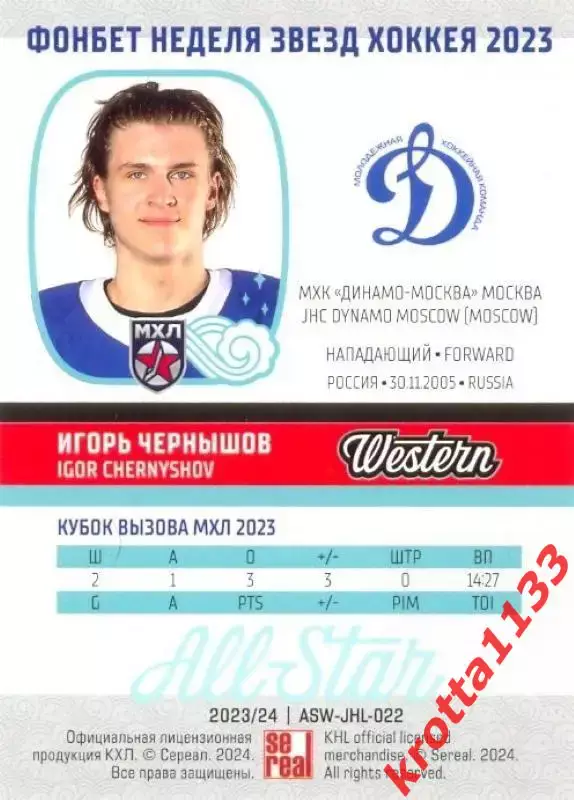 Игорь Чернышов МХК Динамо-Москва Москва SeReal Карточки КХЛ 2023-2024 Premium 1