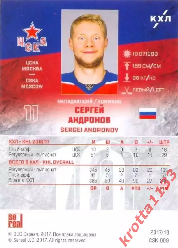 Сергей Андронов ЦСКА Москва SeReal Карточки КХЛ 2017-2018 1