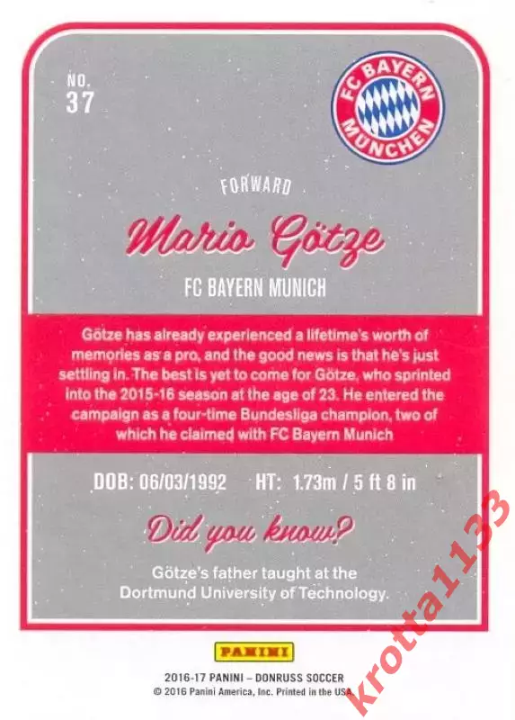 Mario Gotze FC Bayern Munich PANINI Donruss Soccer 2016 1