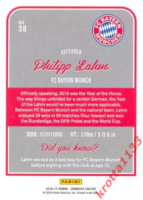 Philipp Lahm FC Bayern Munich PANINI Donruss Soccer 2016 1