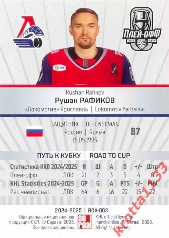 Рушан Рафиков Локомотив Ярославль SeReal Карточки КХЛ 2024-2025 Premium 1