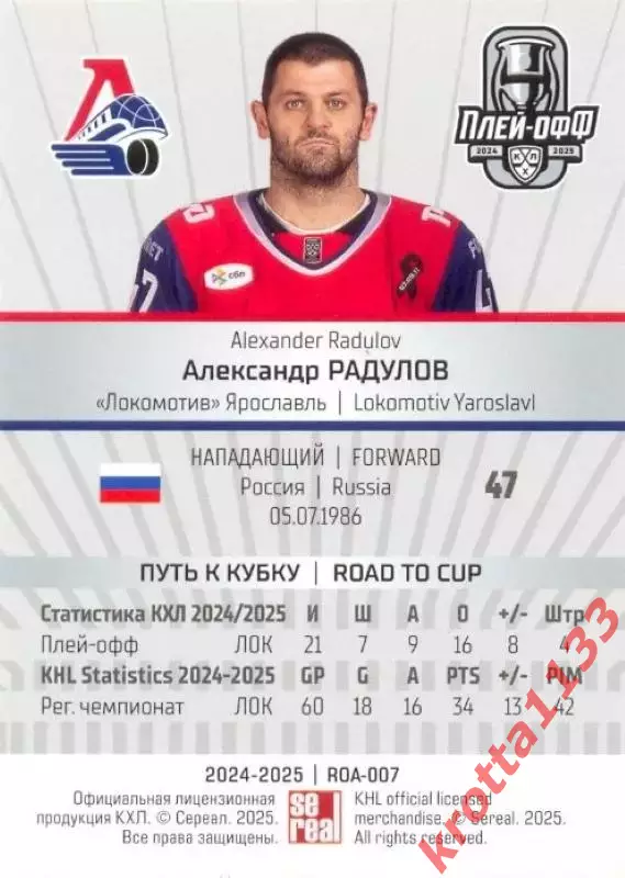 Александр Радулов Локомотив Ярославль SeReal Карточки КХЛ 2024-2025 Premium 1