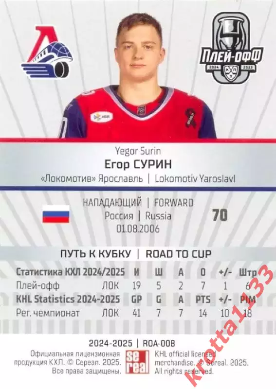 Егор Сурин Локомотив Ярославль SeReal Карточки КХЛ 2024-2025 Premium 1
