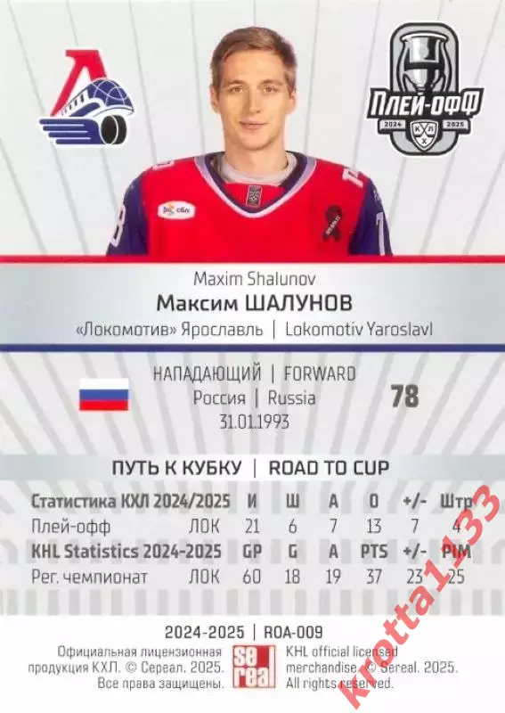 Максим Шалунов Локомотив Ярославль SeReal Карточки КХЛ 2024-2025 Premium 1