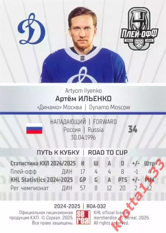 Артём Ильенко Динамо Москва SeReal Карточки КХЛ 2024-2025 Premium 1