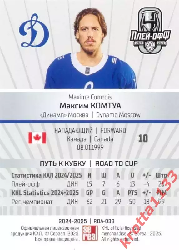Максим Комтуа Динамо Москва SeReal Карточки КХЛ 2024-2025 Premium 1
