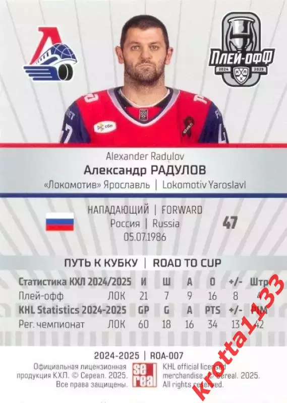 Александр Радулов Локомотив Ярославль SeReal Карточки КХЛ 2024-2025 Premium 1