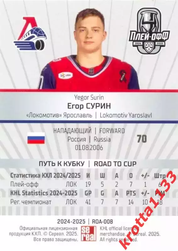 Егор Сурин Локомотив Ярославль SeReal Карточки КХЛ 2024-2025 Premium 1