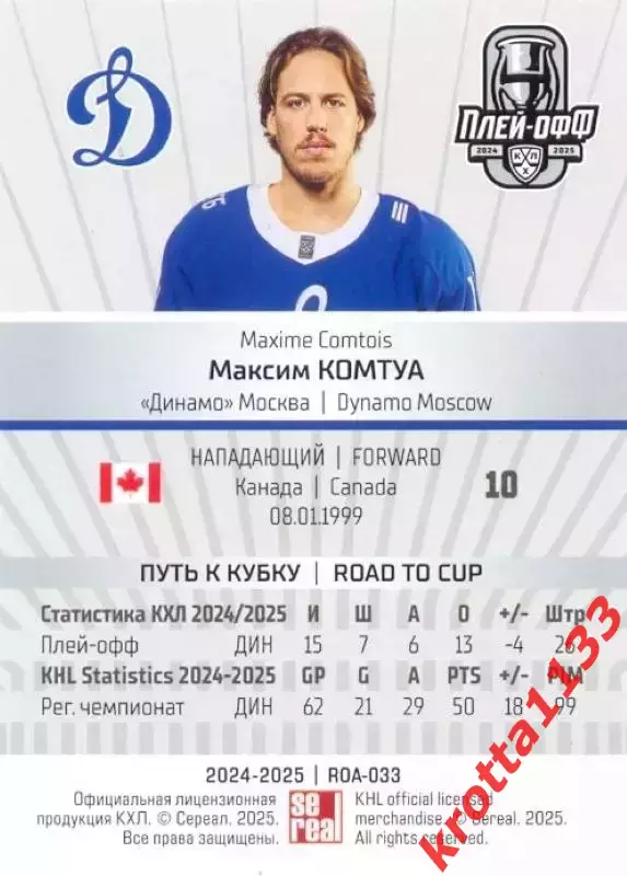 Максим Комтуа Динамо Москва SeReal Карточки КХЛ 2024-2025 Premium 1