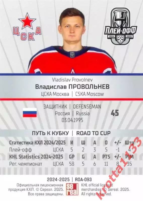 Владислав Провольнев ЦСКА Москва SeReal Карточки КХЛ 2024-2025 Premium 1