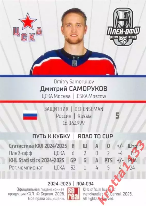 Дмитрий Саморуков ЦСКА Москва SeReal Карточки КХЛ 2024-2025 Premium 1
