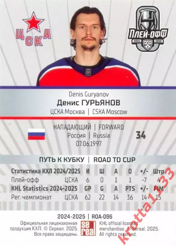 Денис Гурьянов ЦСКА Москва SeReal Карточки КХЛ 2024-2025 Premium 1
