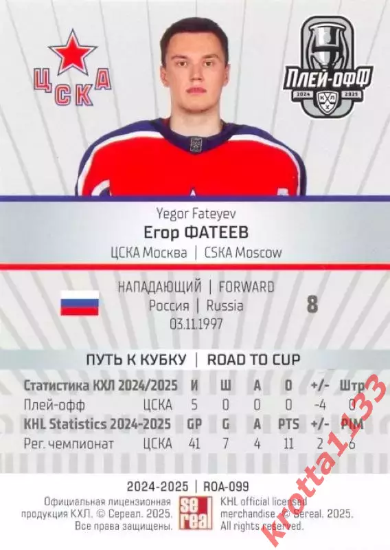 Егор Фатеев ЦСКА Москва SeReal Карточки КХЛ 2024-2025 Premium 1