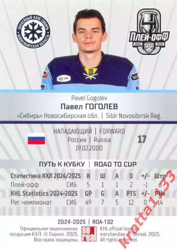 Павел Гоголев Сибирь Новосибирск SeReal Карточки КХЛ 2024-2025 Premium 1