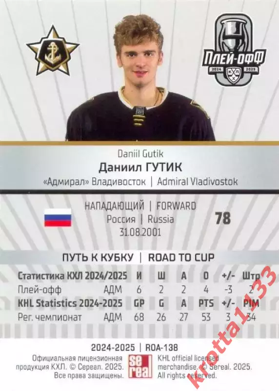 Даниил Гутик Адмирал Владивосток SeReal Карточки КХЛ 2024-2025 Premium 1