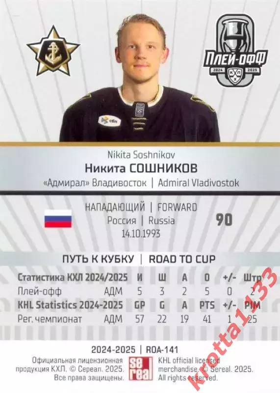 Никита Сошников Адмирал Владивосток SeReal Карточки КХЛ 2024-2025 Premium 1