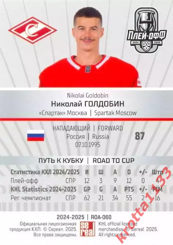 Николай Голдобин Спартак Москва SeReal Карточки КХЛ 2024-2025 Premium 1