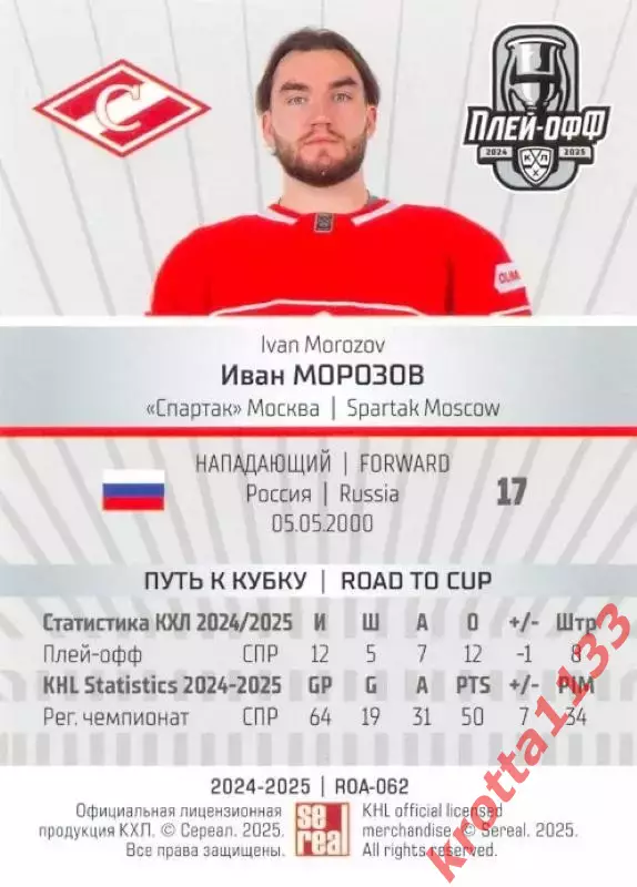 Иван Морозов Спартак Москва SeReal Карточки КХЛ 2024-2025 Premium 1