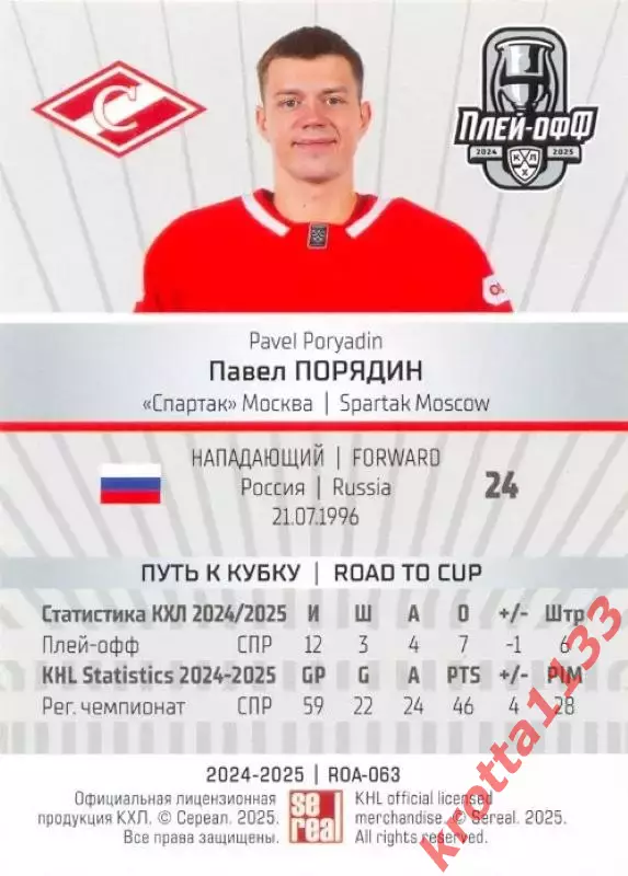 Павел Порядин Спартак Москва SeReal Карточки КХЛ 2024-2025 Premium 1