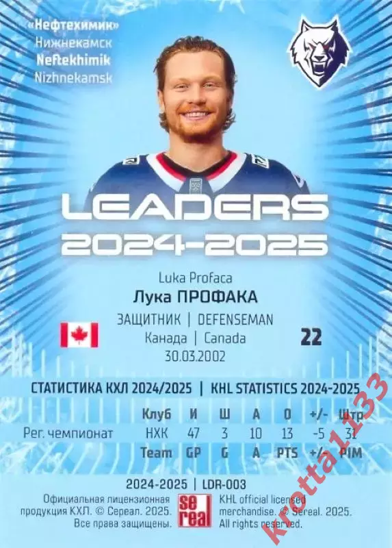 Лука Профака Нефтехимик Нижнекамск SeReal Карточки КХЛ 2024-2025 Premium 1