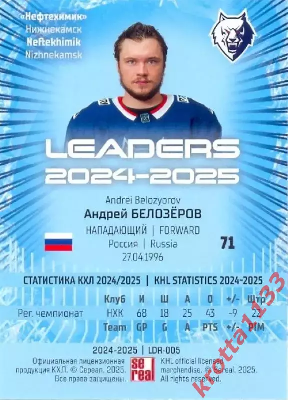 Андрей Белозёров Нефтехимик Нижнекамск SeReal Карточки КХЛ 2024-2025 Premium 1