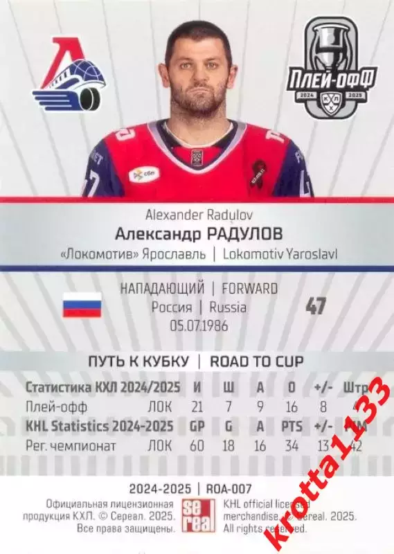 Александр Радулов Локомотив Ярославль SeReal Карточки КХЛ 2024-2025 Premium 1