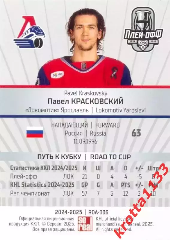 Павел Красковский Локомотив Ярославль SeReal Карточки КХЛ 2024-2025 Premium 1
