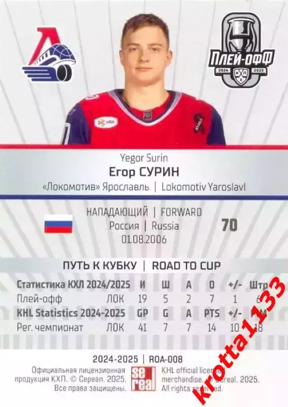 Егор Сурин Локомотив Ярославль SeReal Карточки КХЛ 2024-2025 Premium 1