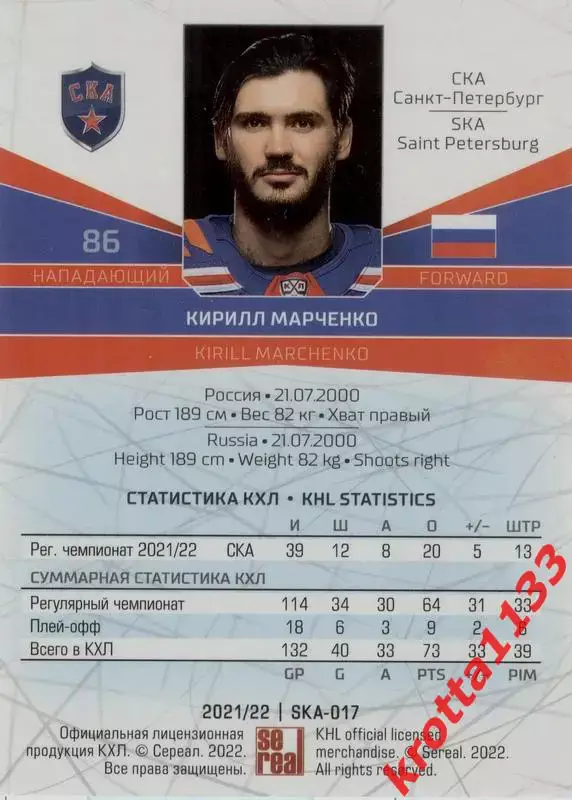 Кирилл Марченко СКА Санкт-Петербург SeReal Карточки КХЛ 2021-2022 1
