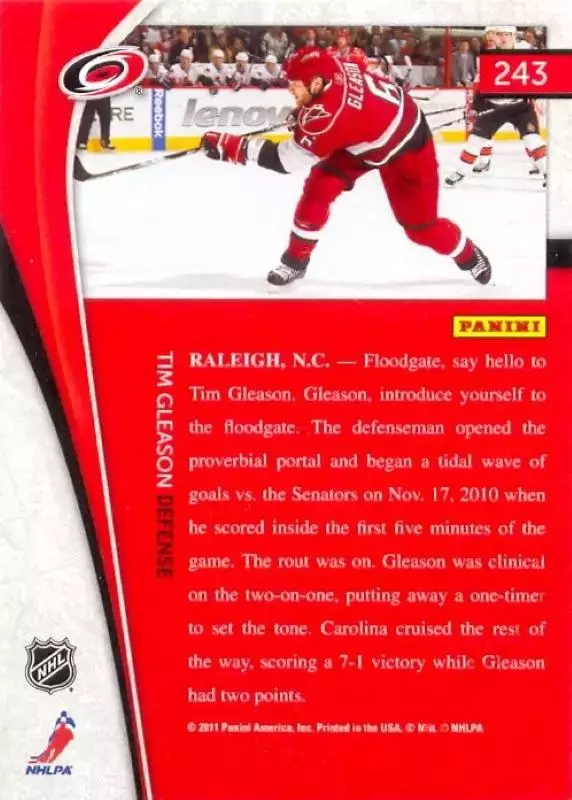 Tim Gleason Carolina Hurricanes PANINI Pinnacle 2011-2012 1